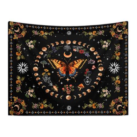 Tapisserie murale à motif de papillon, de lune et de fleur orange, style botanique, floral, bohème, pour chambre à coucher, tapisserie esthétique vintage, pour salon, dortoir (95 x 75 cm) (1/3)