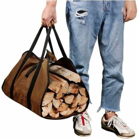 Grand, Sac de Transport pour Bois de Chauffage, Toile Sac à Bûche Cheminée, Sac Transport Buches Résistant à Eau, Accessoires de Cheminée Pliables, Idéal pour Poêles à Bois, Camping, Plage (Marron) (1/4)