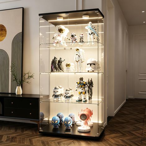 FOERPL-Glasvitrine mit LED-Beleuchtung, Säulenvitrine mit 4 Ablagen für Sammlerstücke, Weinschrank aus Glas mit 2 Türen und Schloss Sammlermöbel