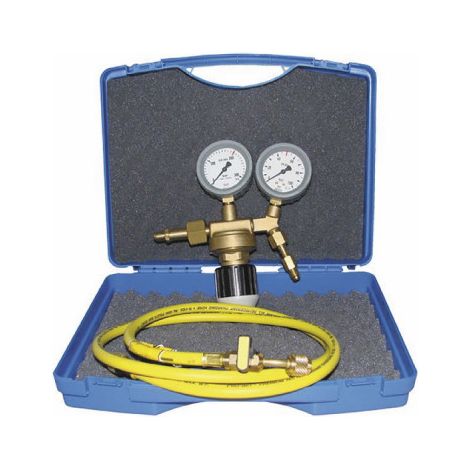 Détendeur d'azote 40b maxi – Manomètre de contrôle d'étanchéité – Flexible 1500mm – Adaptateur 1/4" x 5/16" pour R410A – Galaxair