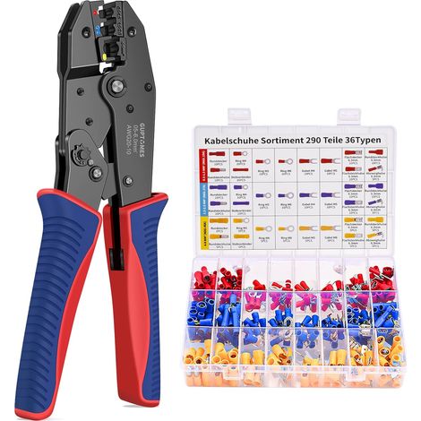 Pince a Sertir, GUPTOMES Kit de sertissage 36 types 300 Pièces Cosse Electriques à Sertir de AWG20-10(0,5-1,5 mm²) (1,5-2,5 mm²) (4-6 mm²) Pince électricien Outils Bornes électriques (AWG20-10) (1/5)