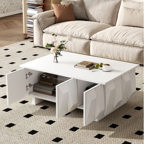 MODFU – Mesa de centro 95x67 cm con 3 puertas, frentes 3D y compartimento integrado para salón – Blanco (1/5)
