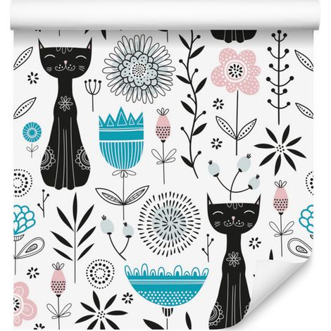 Papier peint chatons et plantes pour salon et chambre 50x1000 cm (1/5)