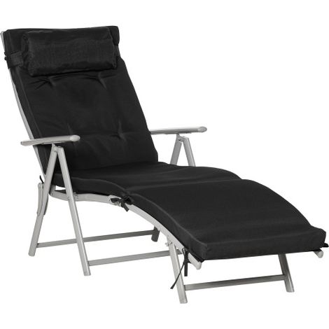Chaise longue de plage pliable – Réglable sur 7 positions, matériau résistant aux intempéries, coussin inclus. Matériaux : Textilène, polyester, métal. Couleur : Noir. (1/4)