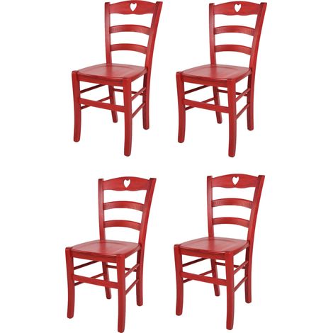 Tommychairs - Set 4 Sedie modello Cuore per cucina bar e sala da pranzo, robusta struttura in legno di faggio verniciata in anilina rossa e seduta in legno
