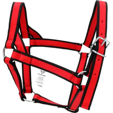 Mustang-Halfter, drei Streifen, 3 cm breit, robust, Größe 2, rot und schwarz, Royal Farm