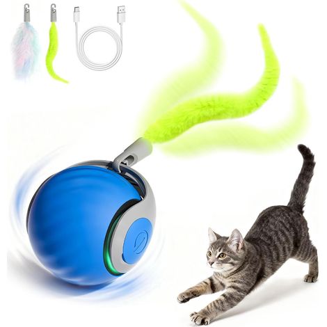 Jouet Balle Interactifs pour Chats, électrique Rechargeable Chat Intérieur avec Queue Duveteuse, Chat Ballon Roulante Automatique pour Chats Balle d'enrichissement -Bleu (1/5)