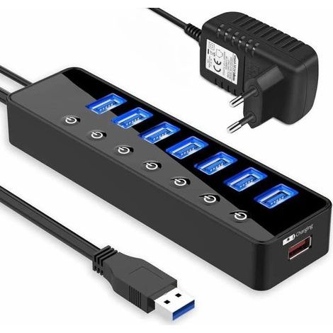 ANDIAMO accessoire de domotique Hub Usb Actif 3.0 Avec Alimentation. 7 Ports Hub De Données Actif Usb 3.0 Avec Interrupteur Et 1 Port De Charge Intelligent (1/5)