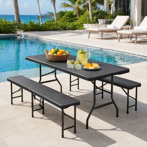 Set pique-nique pliant 180x74x74 cm, plateau HDPE noir, 1 table et 2 bancs pour camping – MEUBLIV (1/5)