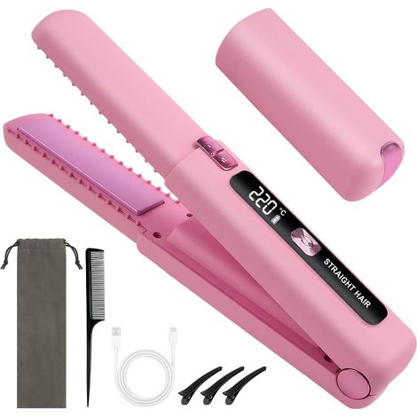 Lisseur sans fil, lisseur et boucleur 2 en 1 avec chargement USB, 6 températures réglables et écran LED, mini boucleur portable pour les voyages (rose)