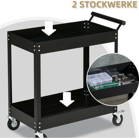 Chariot d'atelier en acier noir, 2 plateaux, 4 roues, capacité 150 kg, dimensions 84,5 x 38 x 84 cm (1/4)