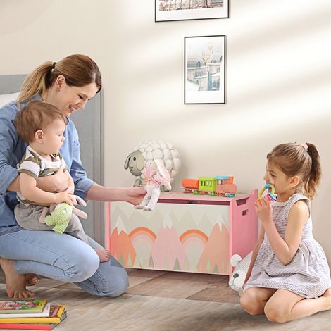 Caja de juguetes con tapa y bisagra de seguridad, 60x37x39 cm, diseño infantil, madera, rosa (1/5)