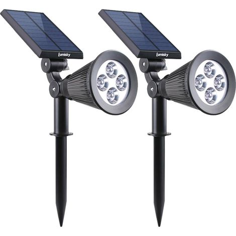 Lot de 2 spots solaires projecteurs à piquer – Éclairage blanc froid 100LM – Résistants aux éclaboussures IP44 – Autonomie jusqu'à 12h – Lumi Jardin