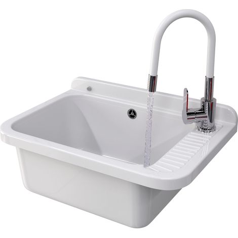 Évier Technique - Grand Bac Blanc - 58,4x38x26 cm - Résistant Chimique - Avec Siphon et Robinet - Negra