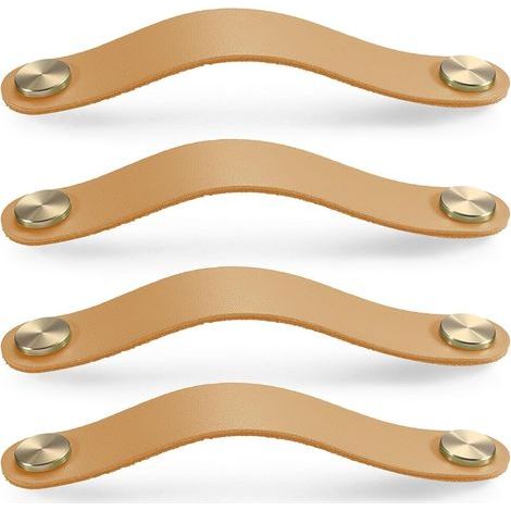 Set di 4 maniglie per ante di mobili in ottone e pelle color kaki, lunghe 160 mm, con viti, adatte per armadi e cucine. (1/5)