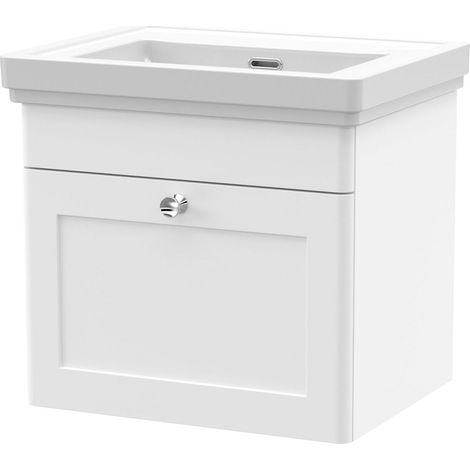 Swynnerton Traditional 1 Drawer Wall Hung Vanity Unit with Basin, Satin White, 500mm