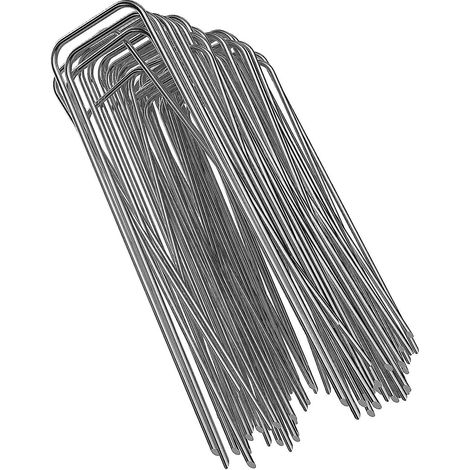 Lot de 100 piquets de jardin robustes en acier galvanisé de calibre 11, de 15 cm (6 pouces), pour fixer toile de paillage, filet de jardin ou tout autre matériau similaire. (1/5)