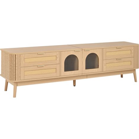 Mueble TV de 180 cm con 4 cajones y 2 puertas de vidrio, con LED controlada por app, color natural (1/5)