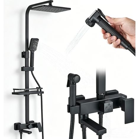 Robinet de douche ABS noir, mitigeur salle de bains, grue rotative 15 cm, pommeau carré 290×190 mm rotatif, système douche pluie pulvérisation (1/5)