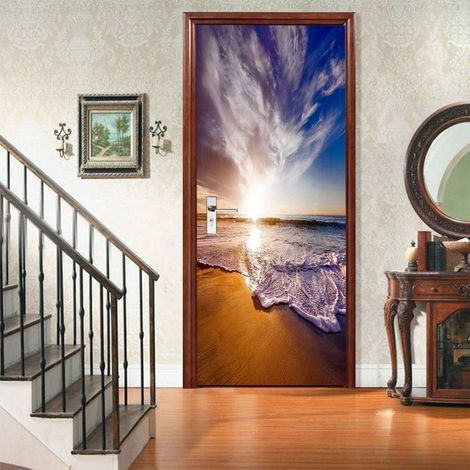 Sticker Porte Trompe l'oeil Effect Papier Peint 3D pour Porte intérieure Bureau Chambre à Coucher Salon Salle de Bain - Motif plages de sable 77 x 200 cm (1/5)