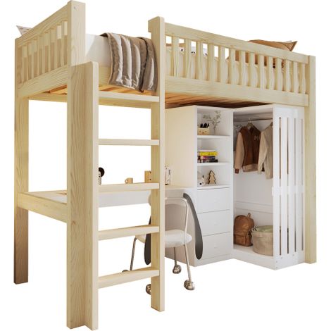 Hochbett,Schreibtisch, Kleiderschrank, 3 Schubladen, offener Stauraum, Geländer, Treppe, Ohne Matratze