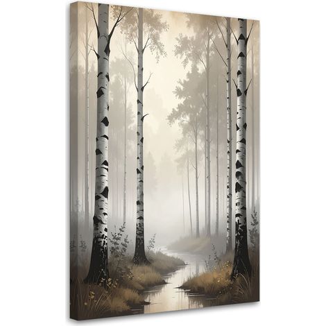 Toile Imprimée, Forêt de bouleaux rivière paysage dans la brume nature,20x30 (1/4)