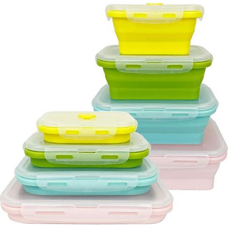 Ensemble de 4 boîtes à lunch en silicone avec joint hermétique, pliables, avec couvercle, pour les collations, convenant au congélateur, au micro-ondes et au camping.-AquaForge (1/5)