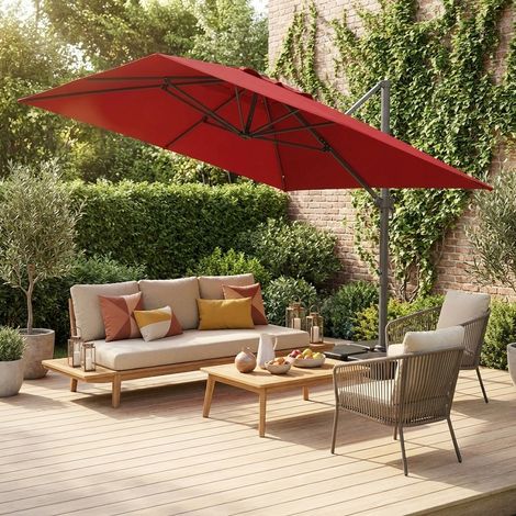 Parasol déporté rectangulaire 3x4m + dalles à lester 50x50cm rouge - Wimereux + Fixeo