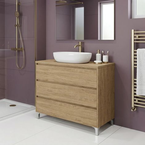 Meuble vasque à poser L.100cm sur pied 3 tiroirs Chêne naturel LISBONA - sans colonne (1/5)
