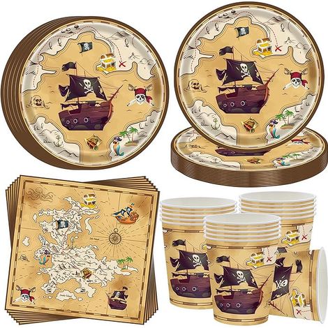 Vaisselle de fête pirate pour invités - Assiettes d'anniversaire Bateau en carton Serviettes garçons et filles Décoration d'enfant (1/5)