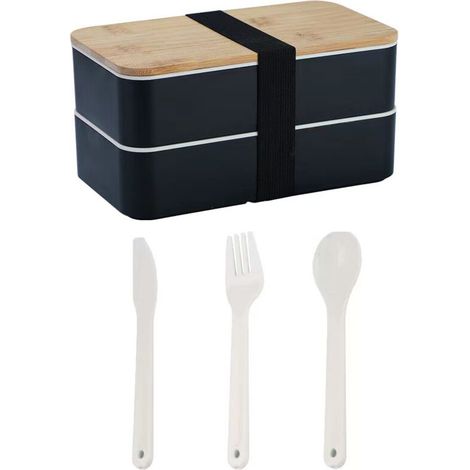 Boîte à lunch à double compartiment avec couvercle en bois - 1200 ml, noire (livrée avec couteau, fourchette et cuillère) (1/5)