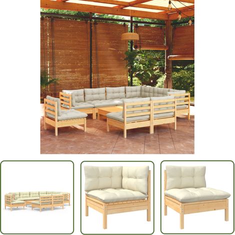 INLIFE Salon de jardin 10 pcs avec coussins crème Bois de pin solide (1/5)