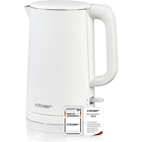 Bouilloire électrique 1,5 L, 1500 W, cuve et couvercle inox, arrêt automatique, protection anti-surchauffe, ouverture à une main, indicateur de niveau intérieur, témoin lumineux, blanc (1/5)