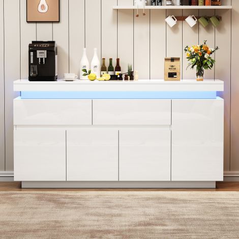 140 x 35 x 72,5 cm Meuble de Salon, Buffet, Meuble d'Appoint avec 2 tiroirs, Meuble à tiroirs brillant, Commode, Meuble de Rangement avec 4 portes, Meuble à fond LED, Blanc (1/5)