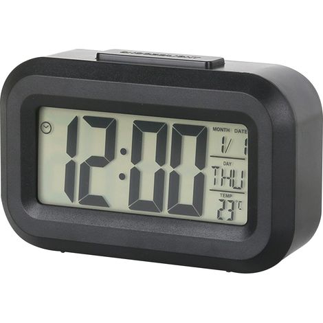Kleiner digitaler Wecker, Nachttisch mit großem Display, beleuchtetem Temperaturkalender, batteriebetriebener Wecker, Schlafzimmerschreibtisch (schwarz). (1/5)