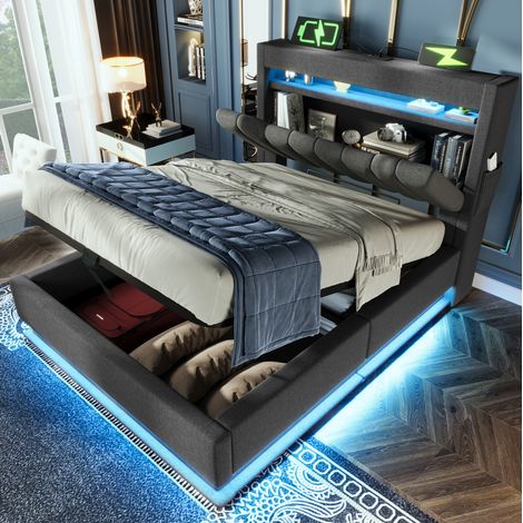 Bett mit Stauraum 90x200 cm, Leinenstoff Grau, mit LED, Kopfteil mit USB/Type-C und Lattenrost (1/5)