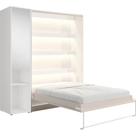 Letto a scomparsa verticale 140 x 200 cm 1 colonna contenitore Con specchio e LED Beige - RAPILI