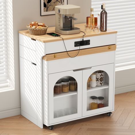 Îlot de cuisine roulant extensible, prises intégrées, verre cannelé design, 2 tiroirs pratiques, pour cuisine ou salle à manger, blanc, plan de travail modulable (1/5)