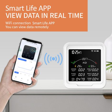 Decdeal Testeur portable de qualité de l'air HCHO/TVOC/CO2/PM2.5/PM10/AQI/C6H6, testeur de température et d'humidité, grand écran de 4,8 pouces, détecteur de dioxyde de carbone avec affichage de l'heu