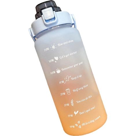 2-Liter-Sportwasserflasche (70 oz) mit Zeitanzeige und Klappverschluss. Blau und orange. (1/4)