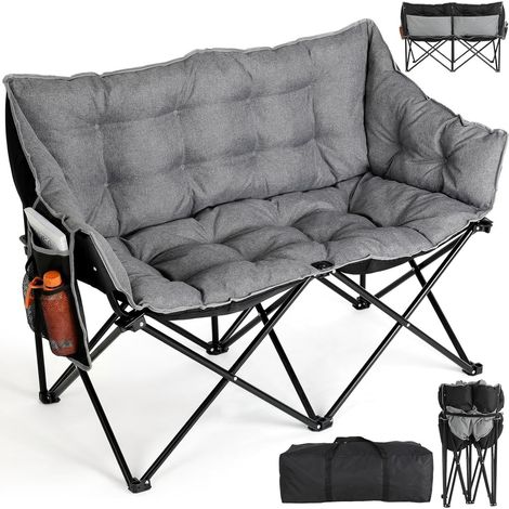 2-Seater Folding Camping Chair Portable Outdoor Fishing Picnic Chair Thickened Padded Loveseat Support 320kg,Grey (1/5)