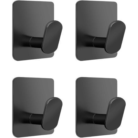 Black Adhesive Wall Hooks, Set of 4, Coat Hook, Adhesive Towel Holder, Bathroom and Kitchen Towel Rack, Adhesive Towel Hook, No Drilling, Stainless Steel (1/5)