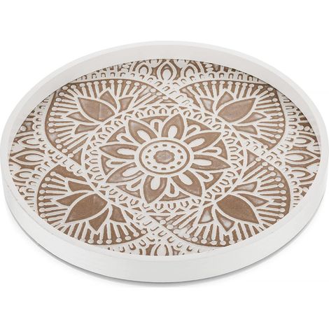 Plateau - Style shabby chic - Plateau de service rond en bois avec veinage naturel et finition blanc délavé - 1 pièce - Idéal pour le salon et la table basse. (1/5)