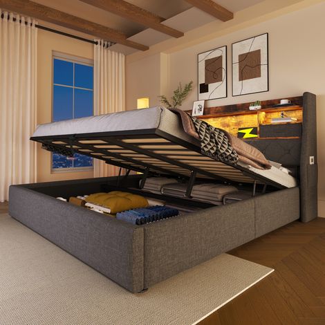 Letto matrimoniale 140x190 cm grigio in lino con contenitore, LED e porte USB/Type-C (1/5)