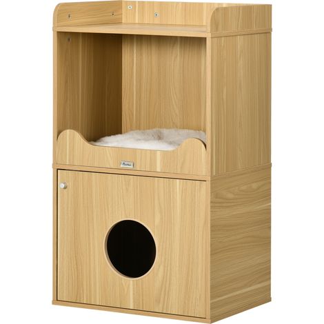 Maison de toilette pour chat meuble litière chat 3 niveaux compartiment fermé par une porte 1 coussin 60 x 45 x 103 cm