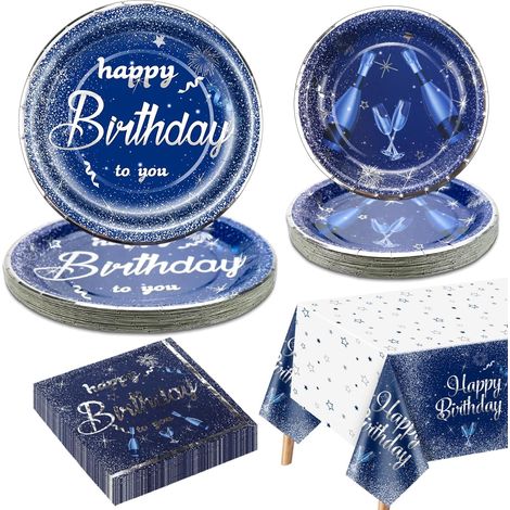 Décorations de fête d'anniversaire bleu marine et argent pour 20 invités, le set de vaisselle bleu marine comprend des assiettes en carton bleues, une nappe Happy Birthday, des serviettes pour la (1/5)