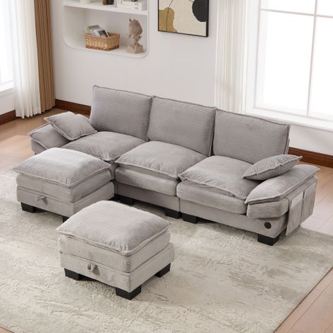 Modulares 3-Sitzer Cordsofa (mit 2Hocker) – breite Sitzfläche, ergonomisches Design, hochdichte Schaumstoffpolsterung, USB-C-Anschluss und Seitentaschen.Ideal für Wohnzimmer, Büro oder Lounge.Hellgrau
