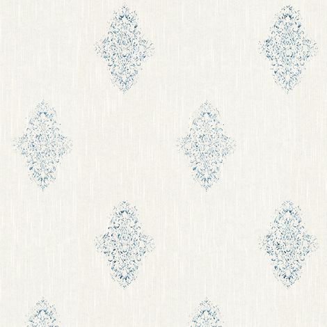 Papiers peints baroque parfait pour couloir | Papier peint blanc intissé effet textile | Tapisserie murale blanche à motif bleu métallique - 10,05 x 0,53 m (1/5)
