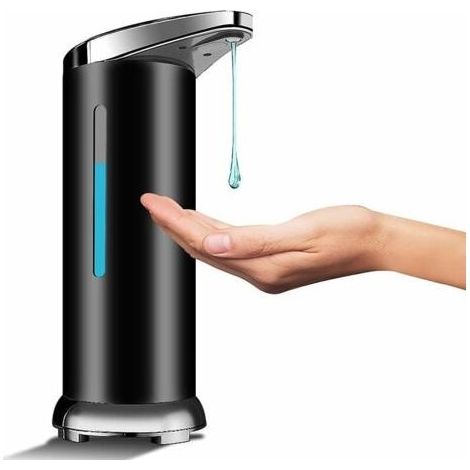 Distributeur de savon automatique en acier inoxydable, distributeur desans contact avec capteur infrarouge, interrupteur réglable et base étanche (pile noire) (1/3)