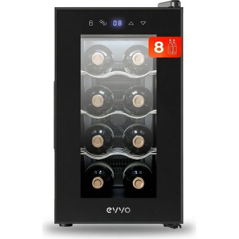 EVVO Vinoteca para 8 botellas VT8, termoeléctrico, 8-18ºC regulable, muy silencioso 35 dB, pantalla táctil, diplay LED, luz interior